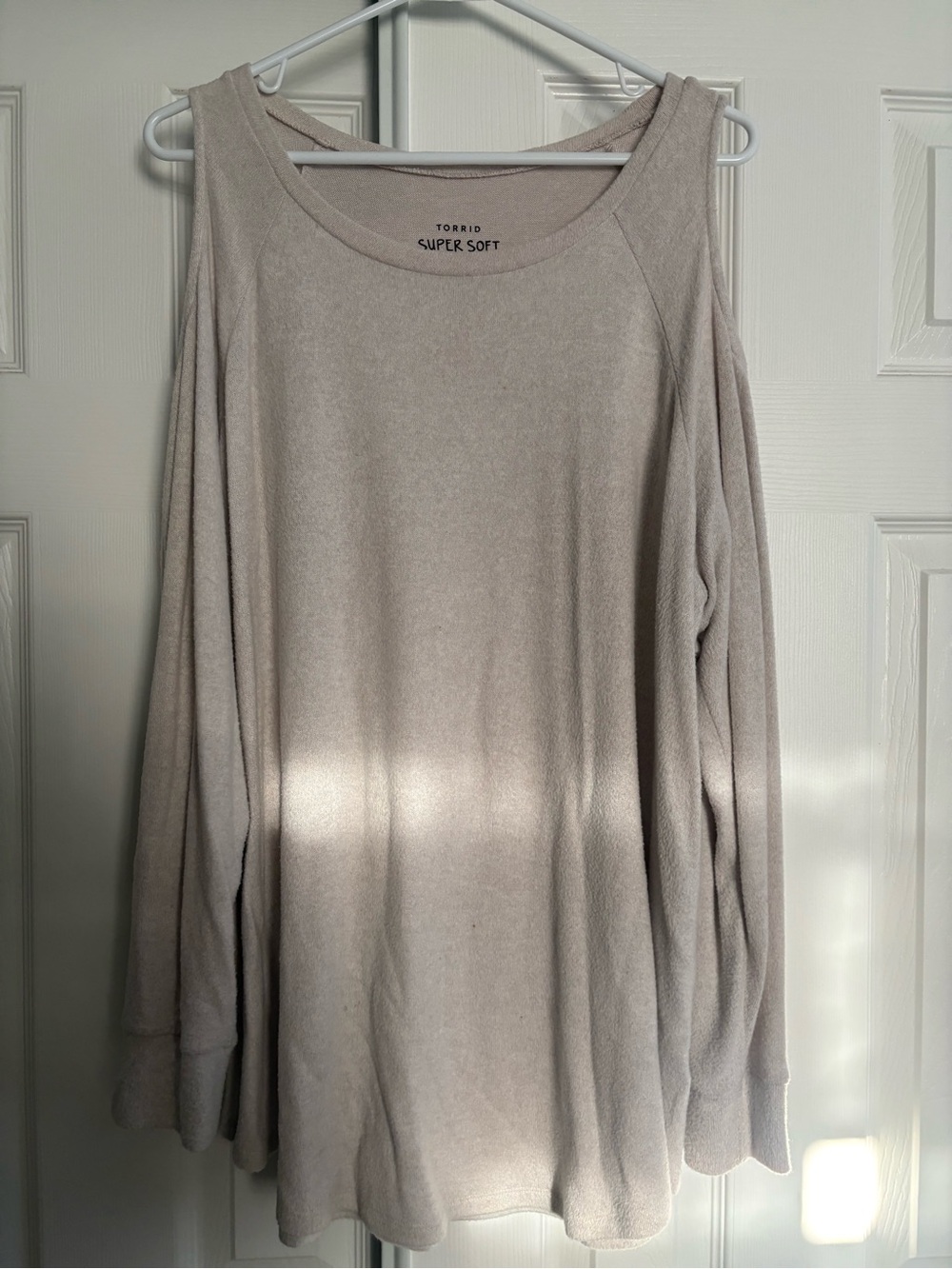 torrid Off-Shoulder Super Soft Sweater in Light Taupe